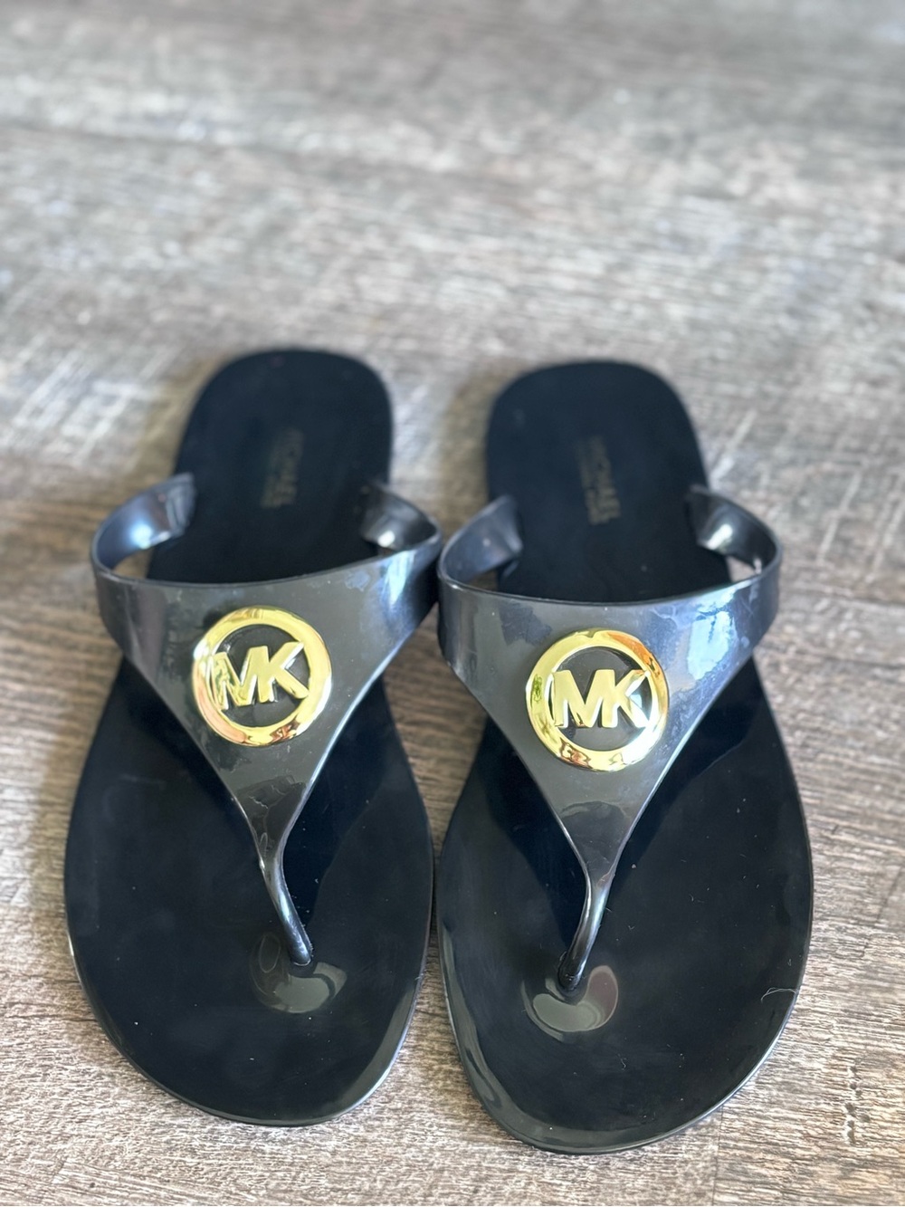 Michael Kors Black Jelly Thong Sandals with Gold MK Medallion-8